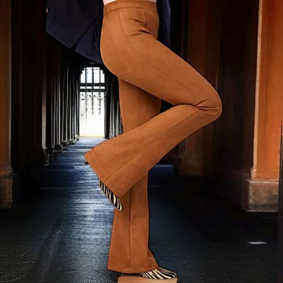 SPANX Faux Suede Pants M Flare Leg Pull On Stretch Camel Color Bohemian Hippie. - Picture 13 of 16